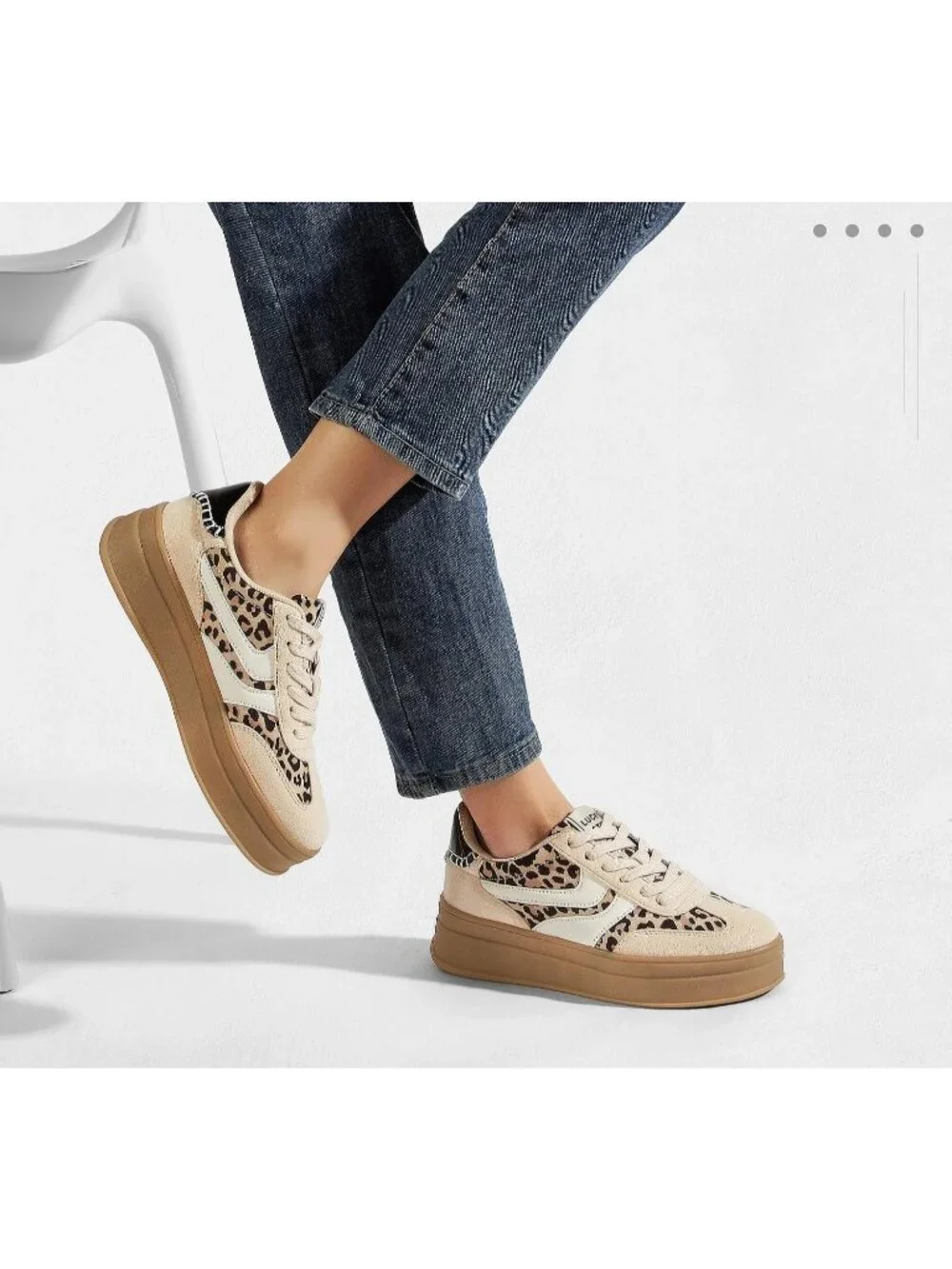 Women's Leopard/Beige Platform Thick Gum Sole Comfortable Tennis Skate Sneakers